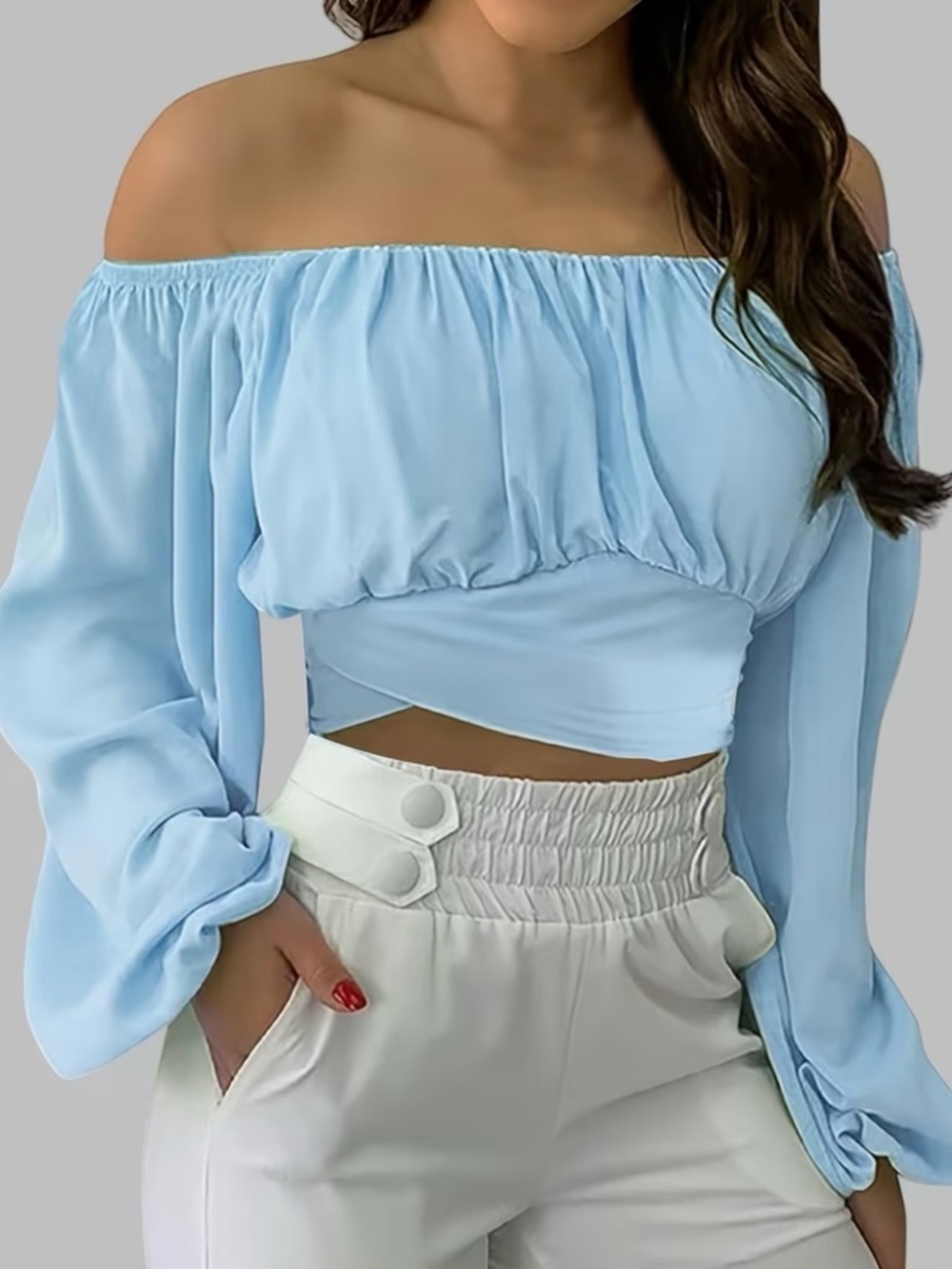 Off-Shoulder Light Blue Crop Top with Balloon Sleeves - Picture 2 of 4